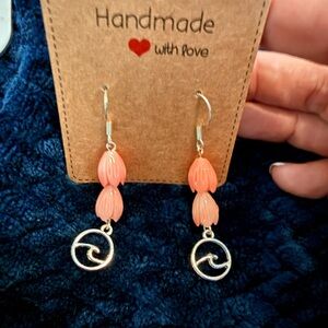 Handmade Sterling Silver with Pink Pikake Bead and Wave Earrings
